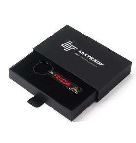 Custom Logo Printed Paper Sleeve Drawer Sneaker Key Chain Keychain Display Packaging Black Sliding Gift Boxes With Silk Handle