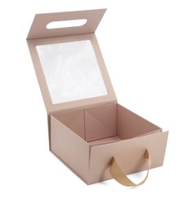 Custom Logo Printed Cardboard Paper Pink Foldable Magnetic Gift Boxes With Clear Transparent Window And Handle